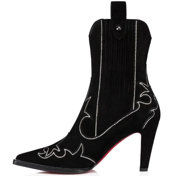 Christian Louboutin Santigag Strass 85 Black Suede Western Ankle Heel Boot 40 - Picture 12 of 16